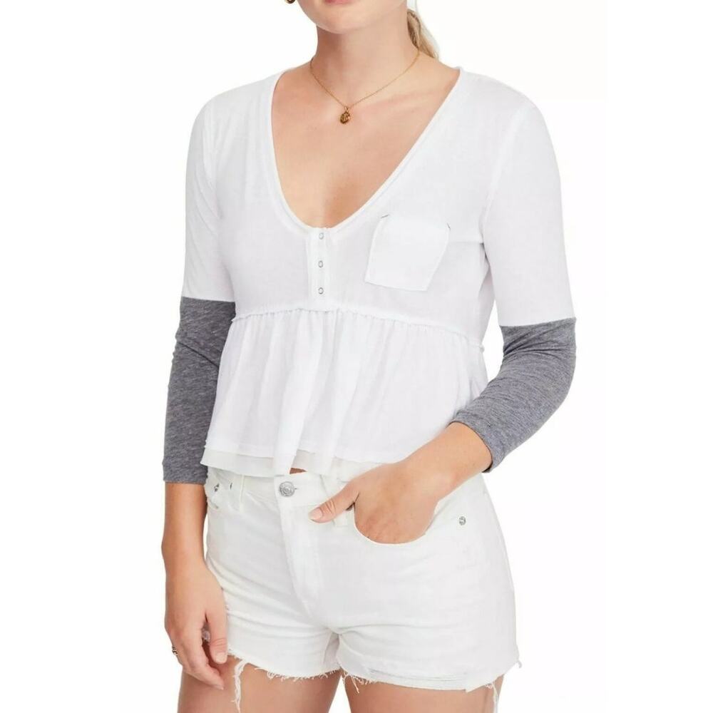 We The Free Heart of Mine Cotton White Raw Hem Gray Sleeves Size Large